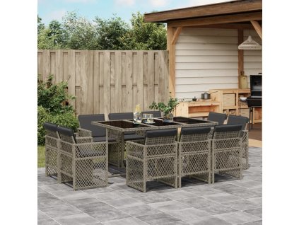 11dílný zahradní jídelní set s poduškami šedý polyratan 3210848