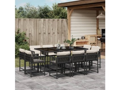 11dílný zahradní jídelní set s poduškami černý polyratan 3211566