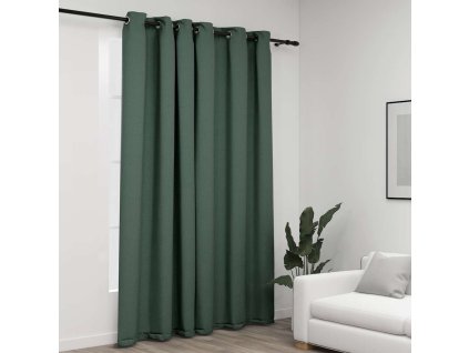 Zatemňovací závěs s kroužky vzhled lnu zelený 290 x 245 cm 321187
