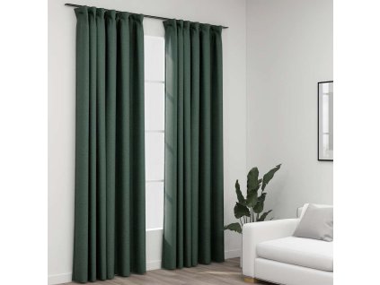 Zatemňovací závěsy s háčky vzhled lnu 2 ks zelené 140 x 225 cm 321189
