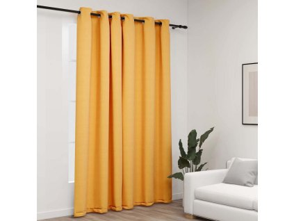 Zatemňovací závěs s kroužky vzhled lnu žlutý 290 x 245 cm 321195