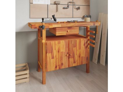 Pracovní stůl se zásuvkou a svěráky 124 x 52 x 83 cm masivní akácie 153321