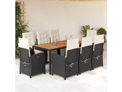 9dílný zahradní jídelní set s poduškami černý polyratan 3212473