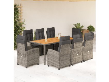 9dílný zahradní jídelní set s poduškami šedý polyratan 3212679