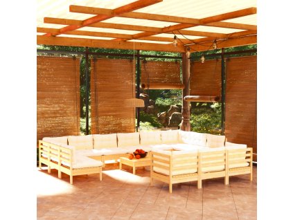 14dílná zahradní sedací souprava s krémovými poduškami borovice 3097289