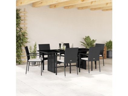 7dílný zahradní jídelní set s poduškami černý polyratan 3213494