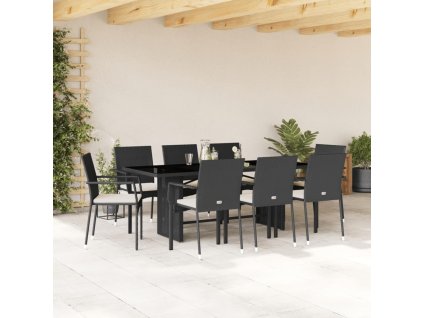 9dílný zahradní jídelní set s poduškami černý polyratan 3213495