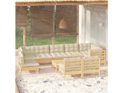 10dílná zahradní souprava krémové podušky masivní borovice 3096484
