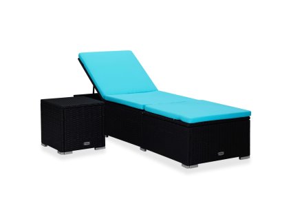 Zahradní lehátko s poduškou a čajovým stolkem polyratan modré 310227