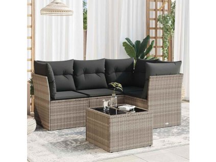 5dílná zahradní sedací souprava a podušky světle šedá polyratan 3217592