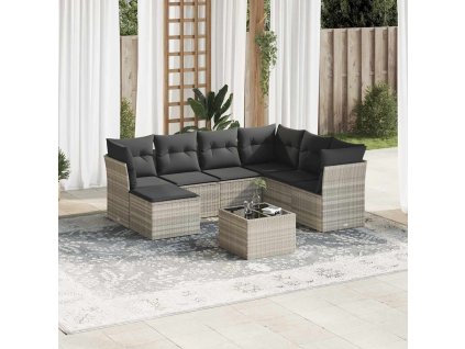 8dílná zahradní sedací souprava a podušky světle šedá polyratan 3218002