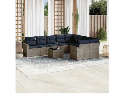 10dílná zahradní sedací souprava s poduškami šedá polyratan 3219441