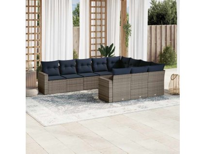 10dílná zahradní sedací souprava s poduškami šedá polyratan 3219481