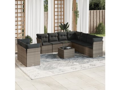 10dílná zahradní sedací souprava s poduškami šedá polyratan 3249689