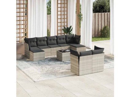 10dílná zahradní sedací souprava podušky světle šedá polyratan 3250161