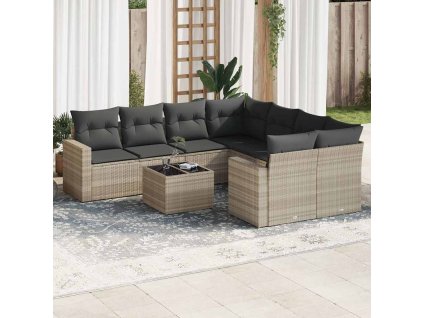 9dílná zahradní sedací souprava a podušky světle šedá polyratan 3251099