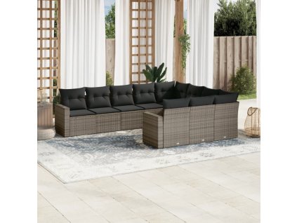 10dílná zahradní sedací souprava s poduškami šedá polyratan 3251827