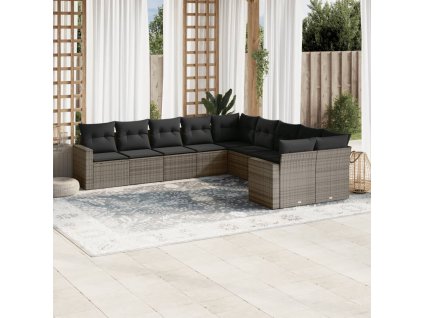 10dílná zahradní sedací souprava s poduškami šedá polyratan 3251847