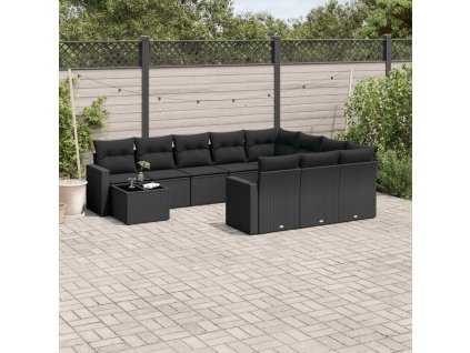 11dílná zahradní sedací souprava s poduškami černá polyratan 3251862