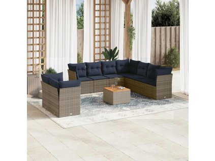 10 dílná zahradní sedací souprava s poduškami šedá polyratan 3256047