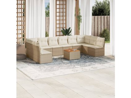 11dílný zahradní sedací souprava s poduškami béžový polyratan 3256128