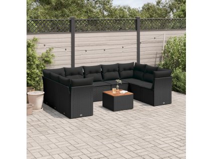 10dílná zahradní sedací souprava s poduškami černá polyratan 3256132