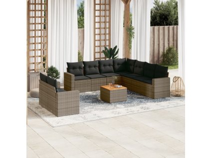 10dílná zahradní sedací souprava s poduškami šedá polyratan 3256522