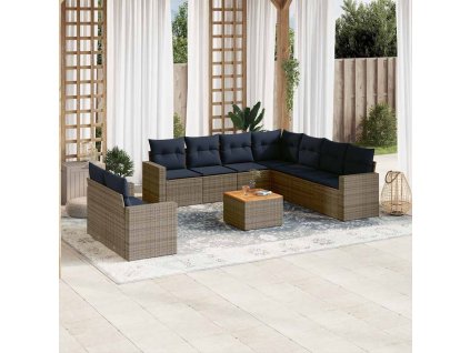 10dílná zahradní sedací souprava s poduškami šedá polyratan 3256523