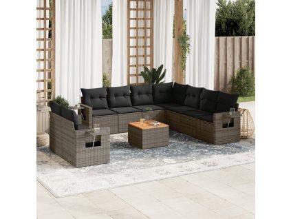 10dílná zahradní sedací souprava s poduškami šedá polyratan 3256963