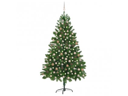 Umělý vánoční stromek s LED a sadou koulí 210 cm zelený