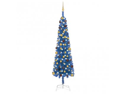 Úzký vánoční stromek s LED diodami a sadou koulí modrý 240 cm
