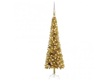 Úzký vánoční stromek s LED diodami a sadou koulí zlatý 150 cm