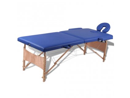 Modrý skládací masážní stůl se 2 zónami a dřevěným rámem