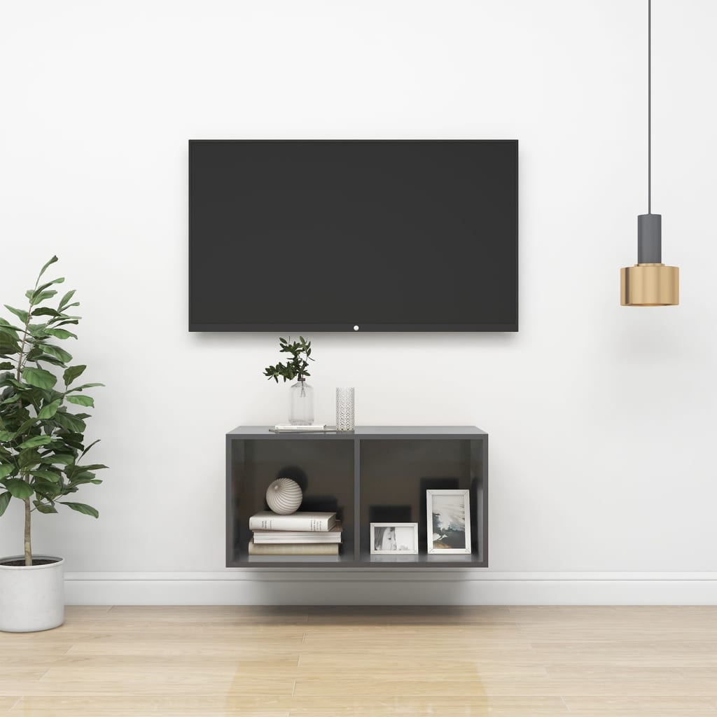 Nástěnná TV skříňka šedá lesklá 37x37x72 cm kompozitní dřevo 805479