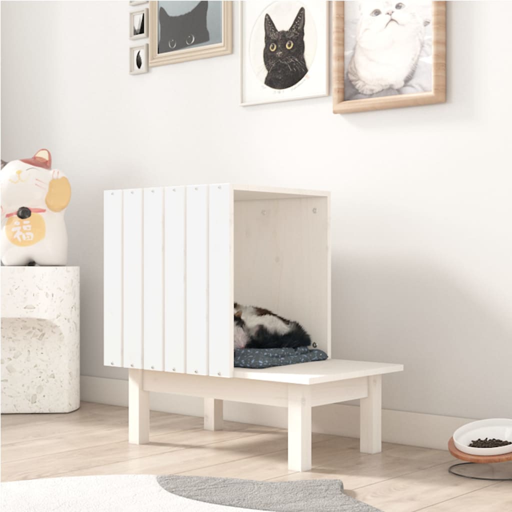 Domeček pro kočky bílá 60 x 36 x 60 cm masivní borové dřevo 822453