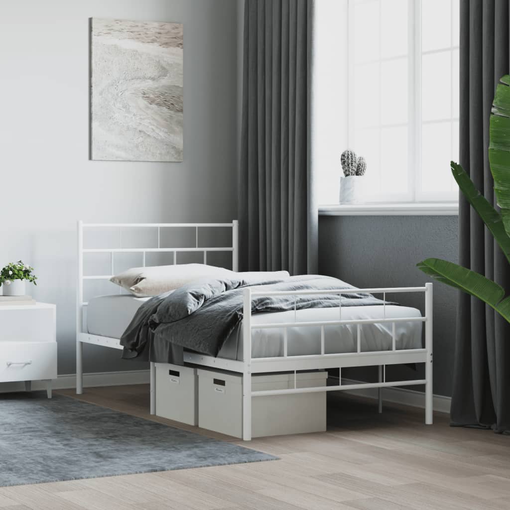 Kovový rám postele s hlavovým a nožním čelem bílý 107 x 203 cm 355722