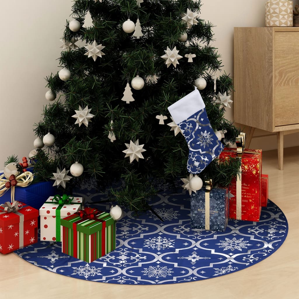 Luxusní podložka pod vánoční stromek s punčochou modrá 90 cm 330278