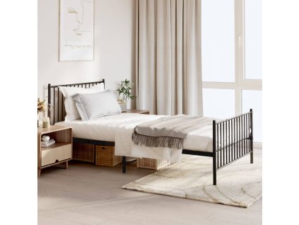 Kovový rám postele s čelom a podnožkou čierny 107x203 cm 350878