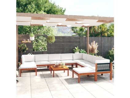 11-dielna záhradná súprava s vankúšmi, krémové drevo, akácia a lano 3057893