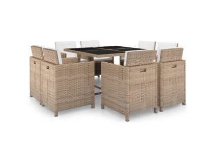 9-dielna vonkajšia jedálenská súprava+podložky,polyratan,béžová 42545