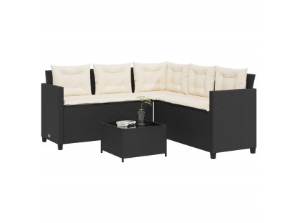 Záhradná pohovka so stolíkom a vankúšmi tvar L čierna polyratan 369039