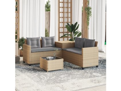 Záhradná pohovka so stolíkom a vankúšmi tvar L béžová polyratan 369030