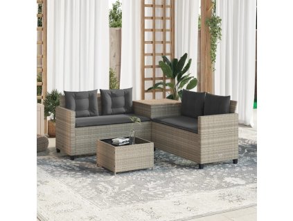 Záh. pohovka so stolíkom a vankúšmi tvar L svetlosivá polyratan 369032