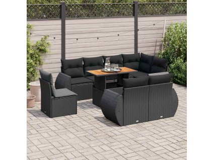 9-dielna záhradná jedálenská sada s vankúšmi čierna polyratan 3327275