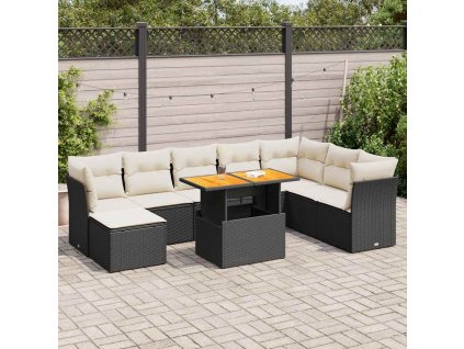 9-dielna záhradná jedálenská sada s vankúšmi čierna polyratan 3326961