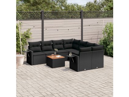 9-dielna záhradná jedálenská sada s vankúšmi čierna polyratan 3256818