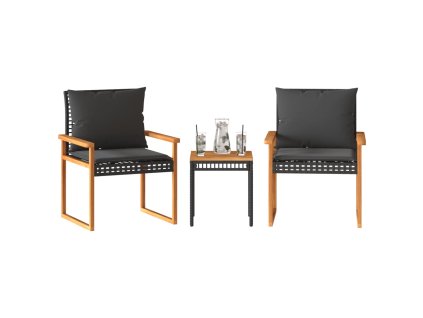 3-dielna bistro súprava s vankúšmi čierna polyrataná akácia 365860