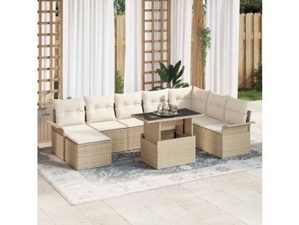 Súprava záhradných pohoviek s vankúšom 9 pcs Béžová Poly ratan 3348337