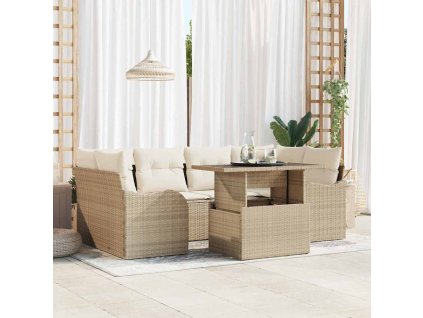 Súprava záhradných pohoviek s vankúšom 7 pcs Béžová Poly ratan 3348397