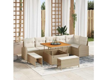 Súprava záhradných pohoviek s vankúšom 9 pcs Béžová Poly ratan 3362406